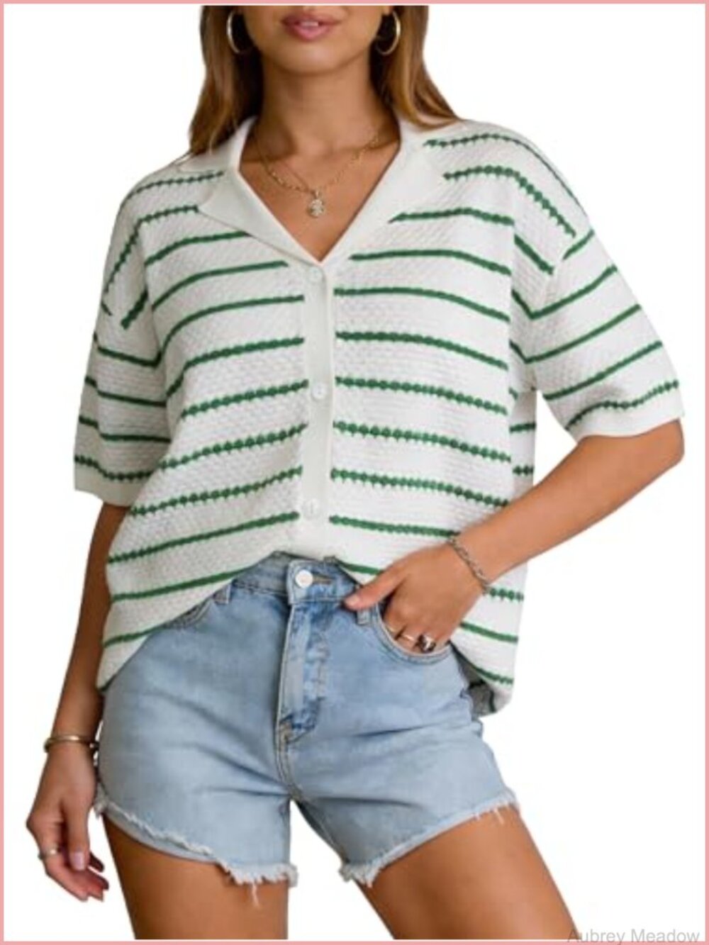 Short Sleeve Button Up Cardigan Honeycomb Knit V Neck Sweater